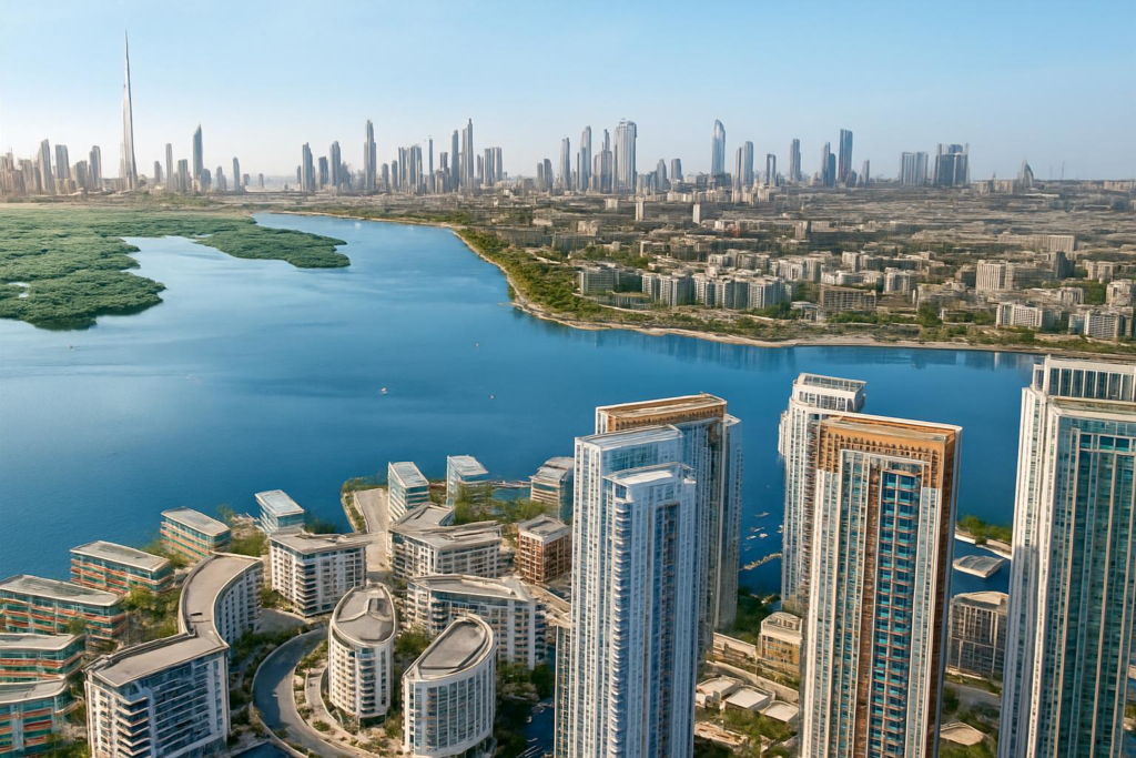 Aerial view of Dubai Creek Harbor, a top community for off-plan investment in Dubai